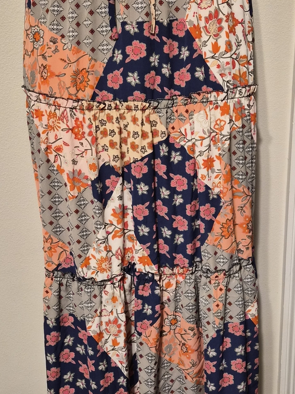 Boho Patchwork Floral Print Tiered Maxi Skirt Pocket 2XL